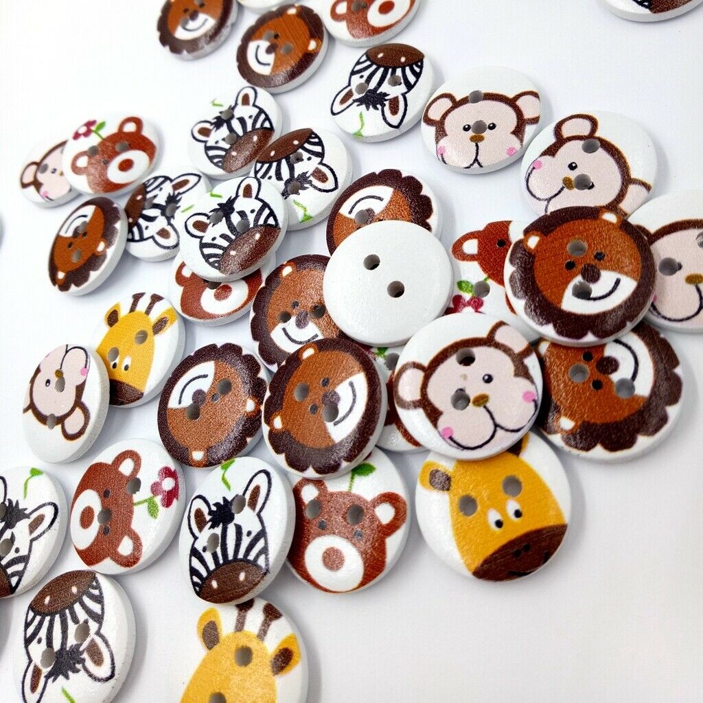 50pcs Painted Wooden Cartoon Animals Buttons Sewing Crafts