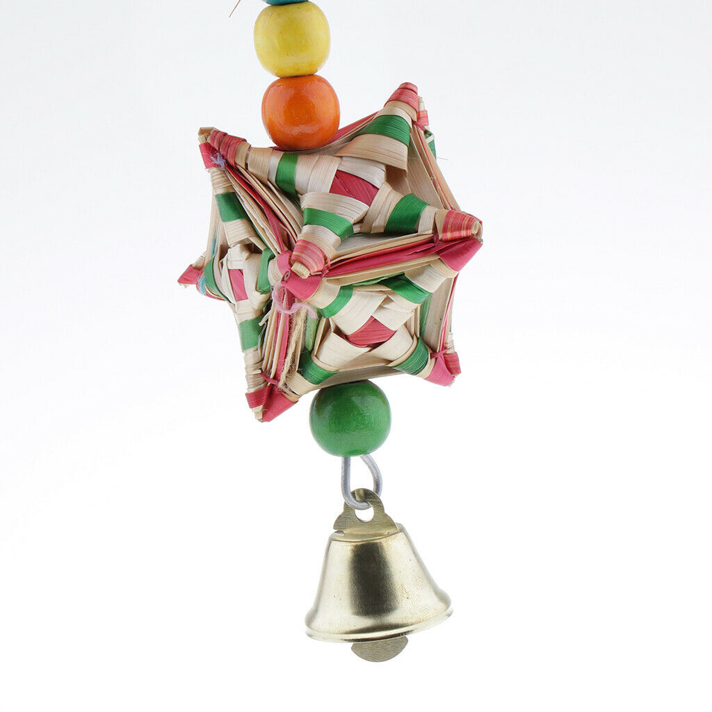 Natural Straw Bird Chewing Toys with Bells Hanging Parrot Toys Bird Cage Pendant