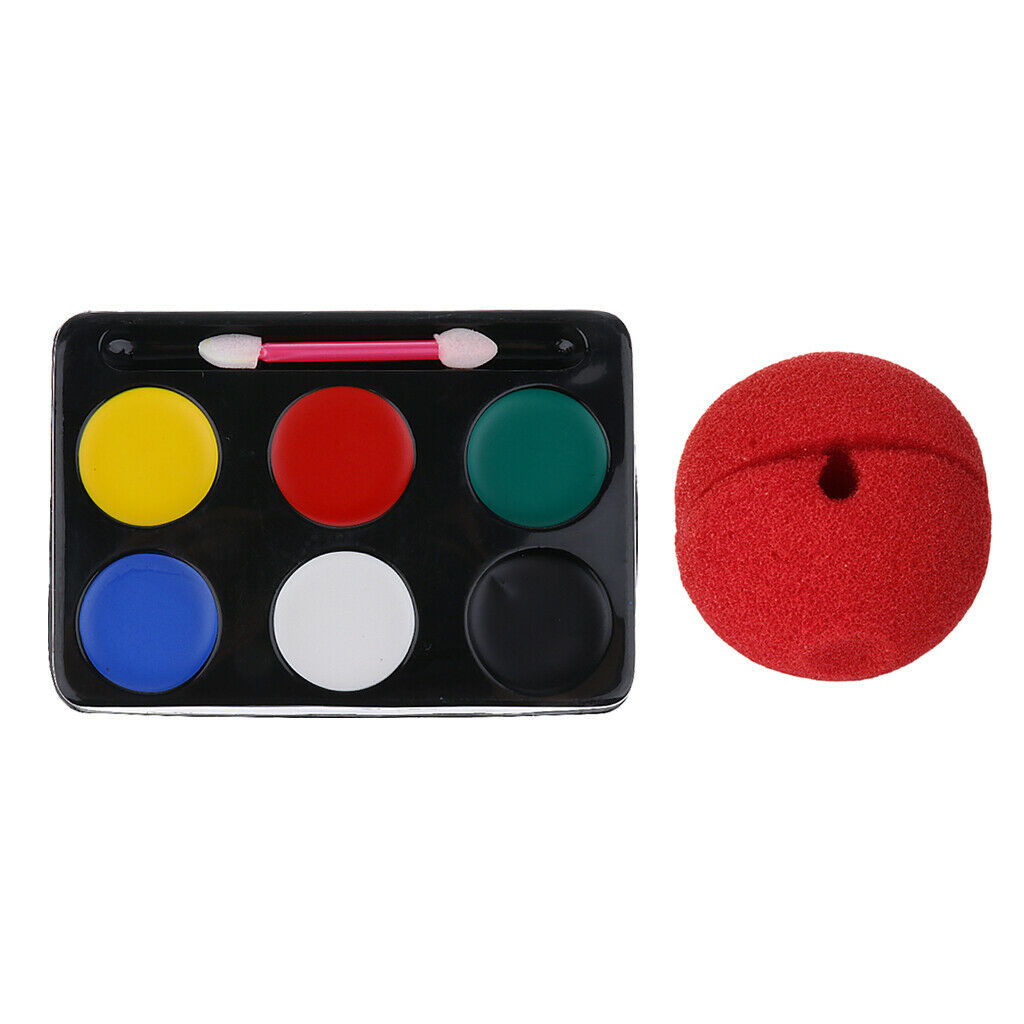 6 Colors Face Painting Palette Halloween Make Up Tools Red Sponge Clown Nose