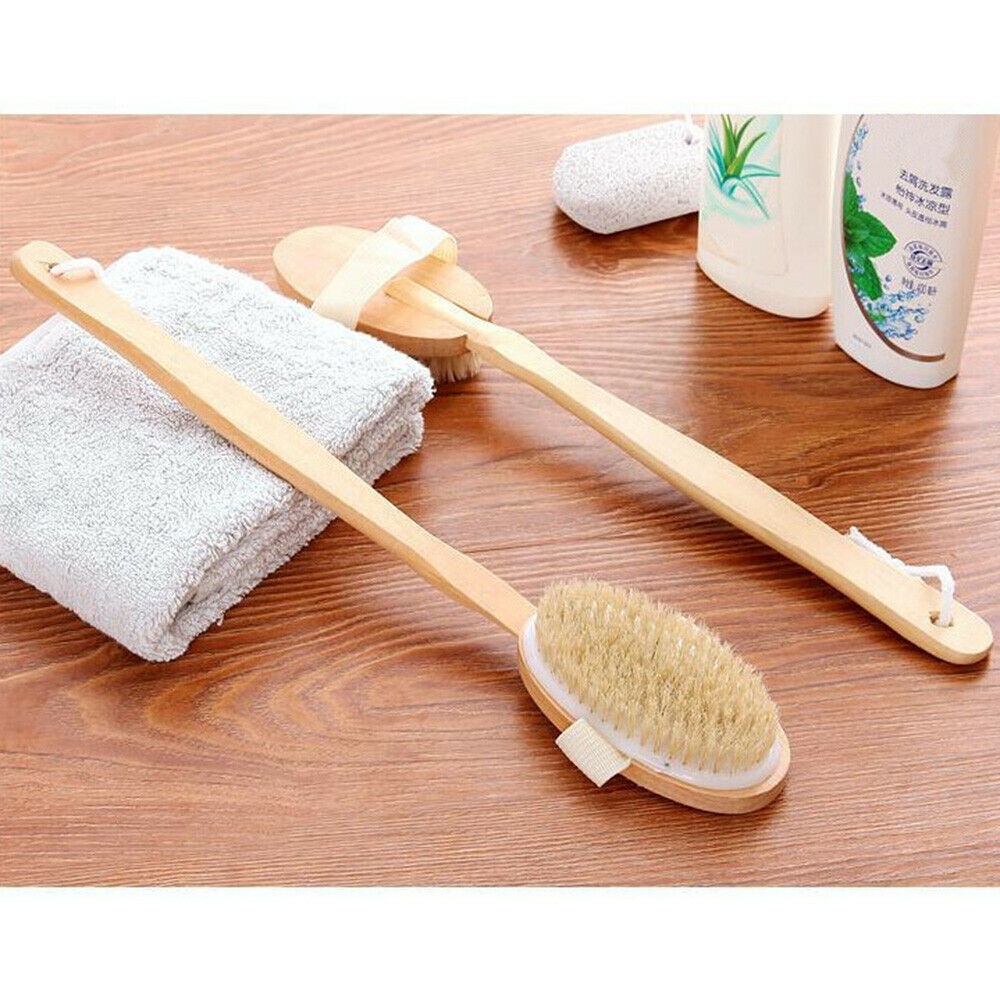 Bath Brush Shower Wood Long Handled Soft Bristle Back Scrubber Body Skin Rubbing