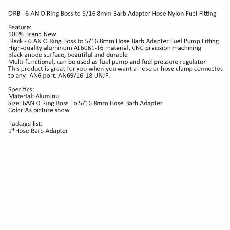 Black ORB - 6 AN O Ring Boss to 5/16 8mm Barb Adapter Hose Nylon Fuel Fitting CN