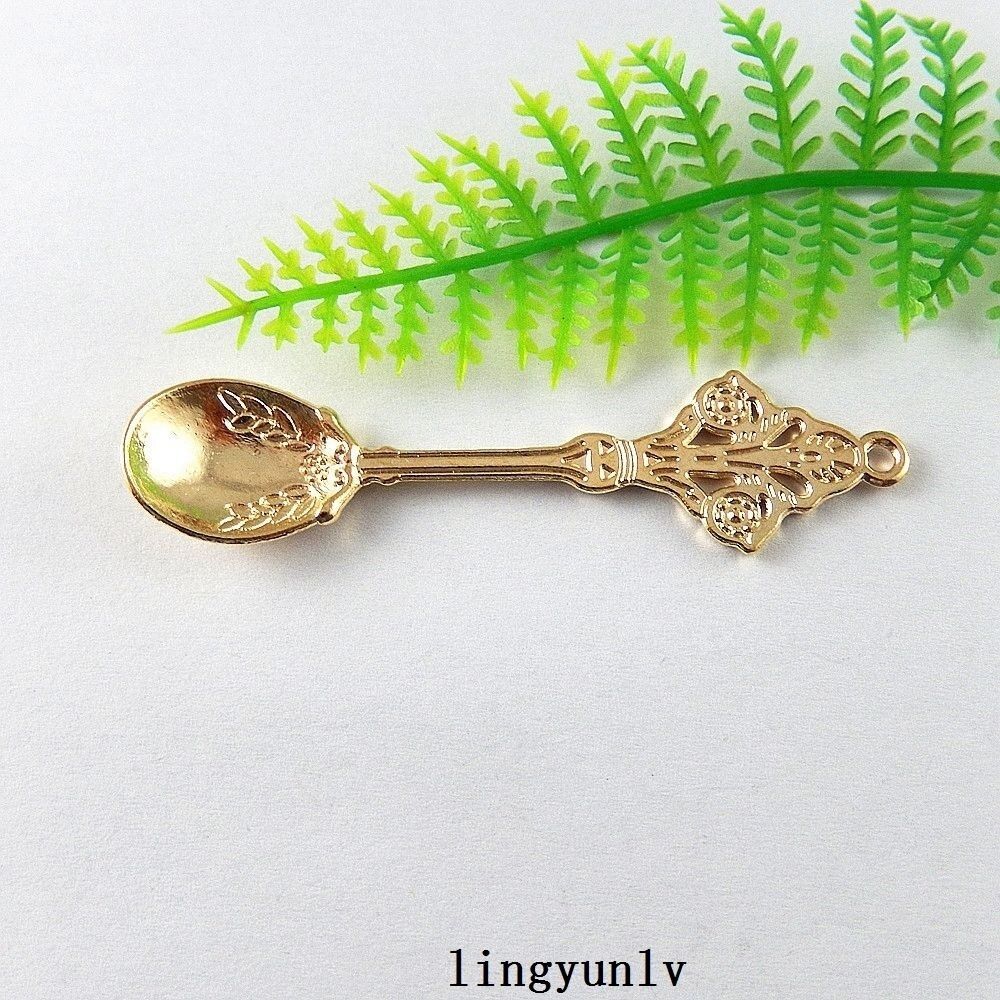 10-pack Golden Alloy Floral Spoon Pendant Jewelry Making Charm Art Craft 63x14mm