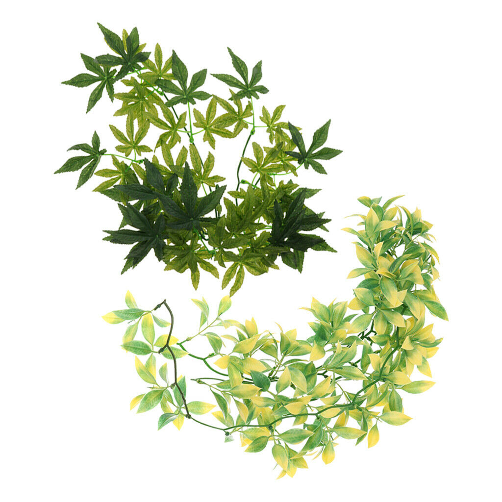 Set of 2, Plastic Green Leaves Reptile Artificial Plants Vines Landscaping