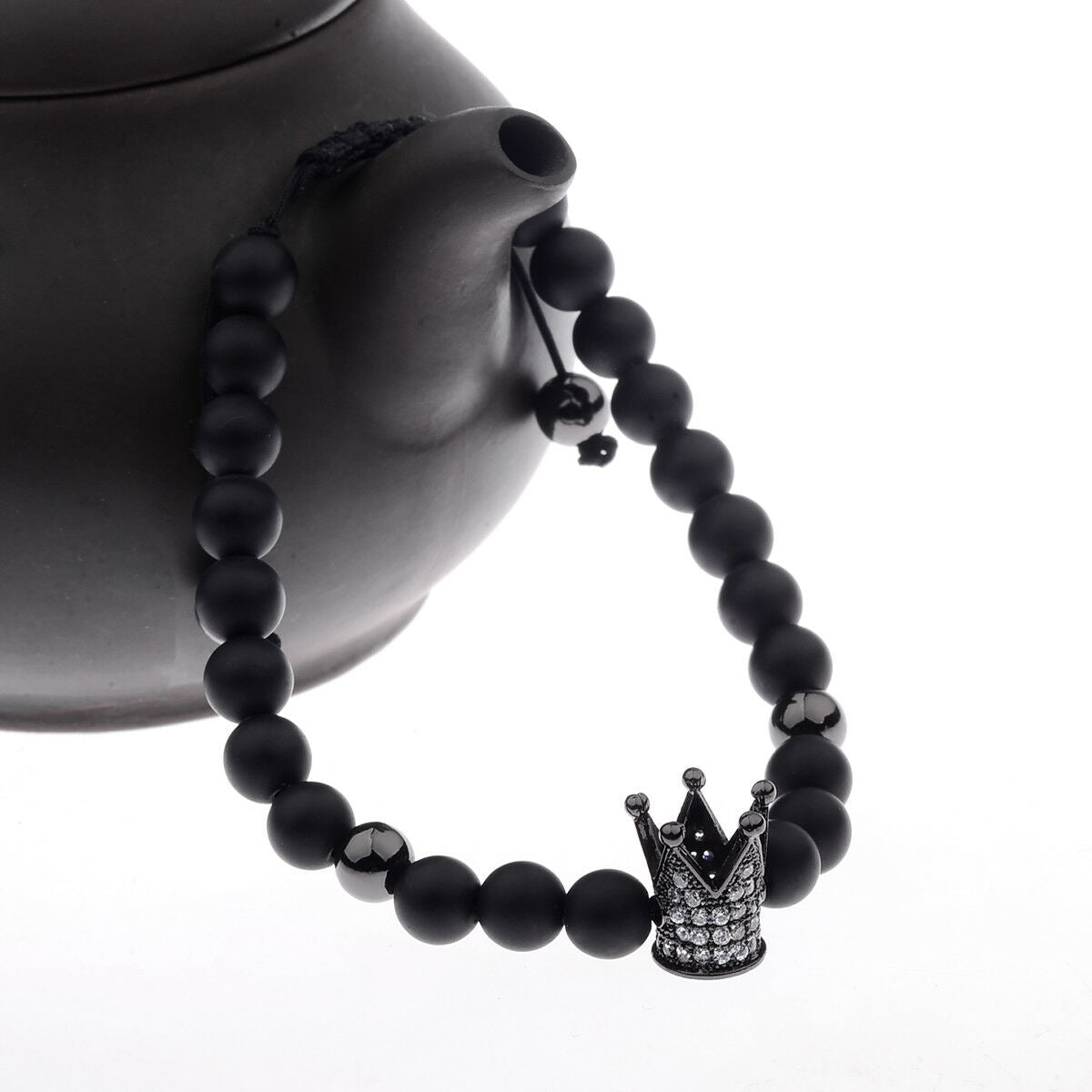 Charm Men Cubic Zircon 24kt Black Plated Crown Bracelet Bead Macrame Bracelets