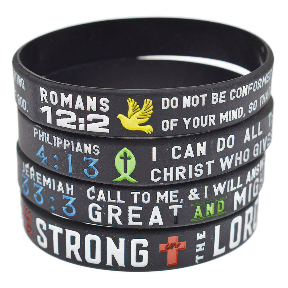 4Pcs Bible Verse Black Silicone Wristband Bracelet Unisex Rubber Bangle Fashion