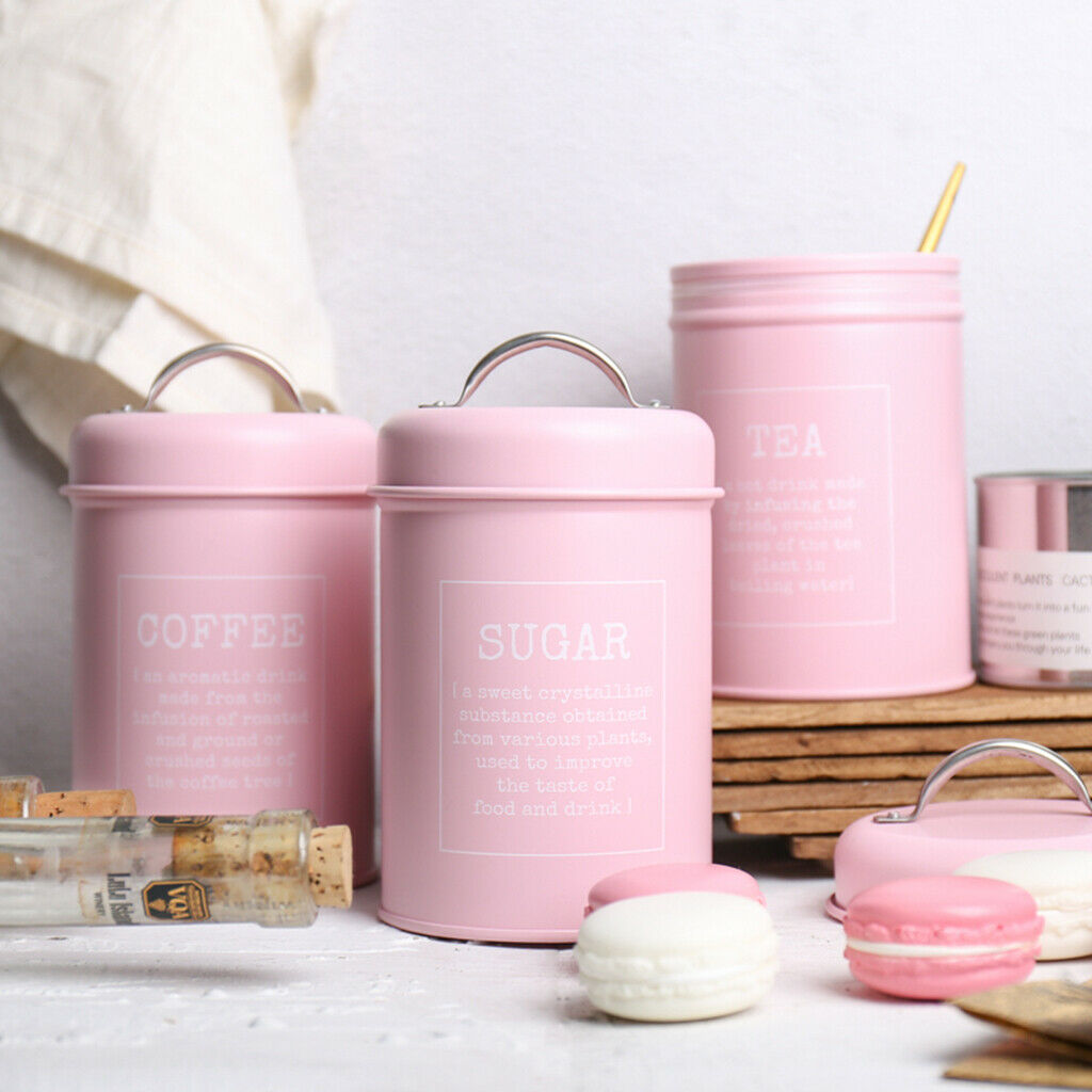 3lots Iron Canisters Sealed Boxes Kitchen Candy Storage Container Pink