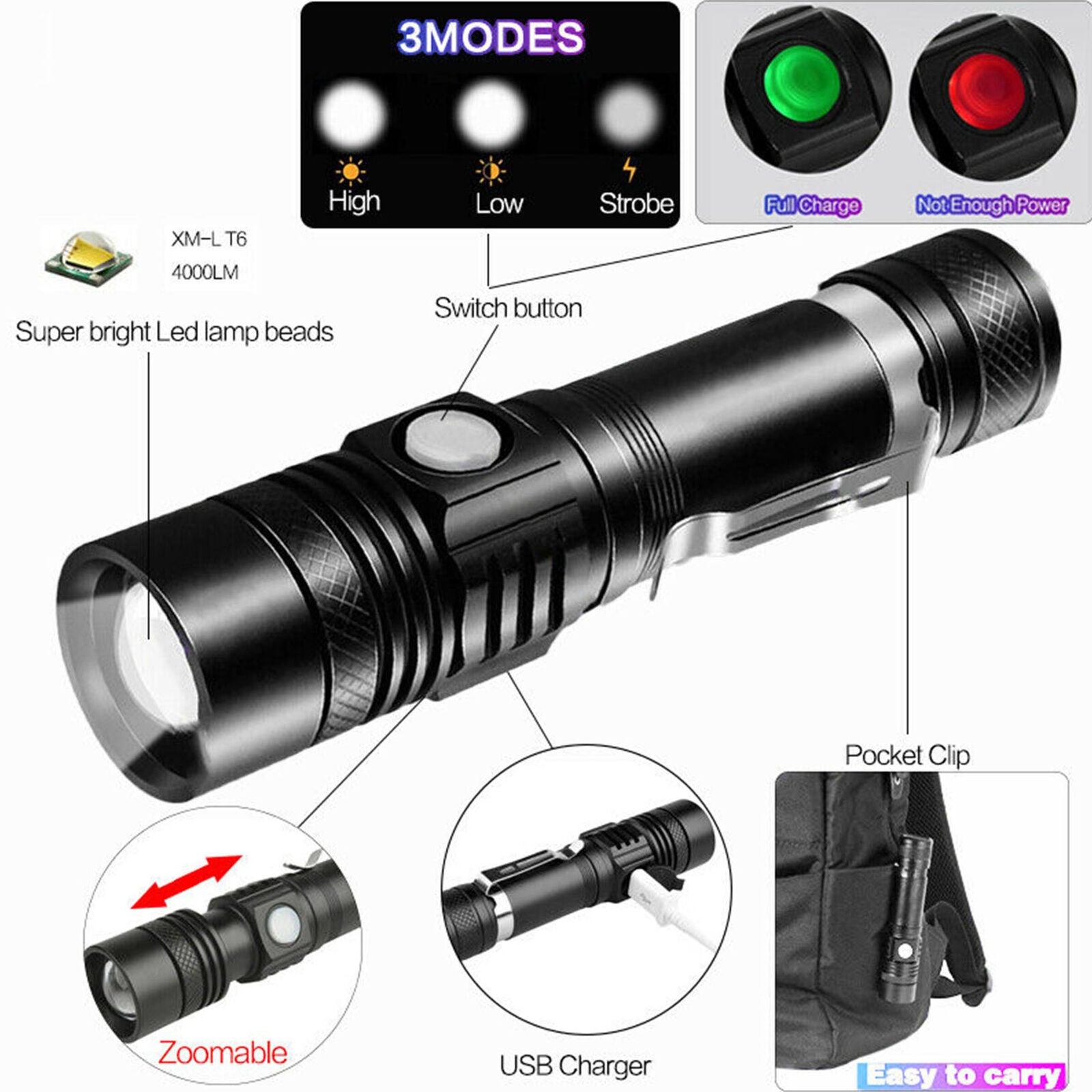 Super Bright 50000LM T6 LED Flashlight Rechargeable Zoom Torch 18650 3 Modes