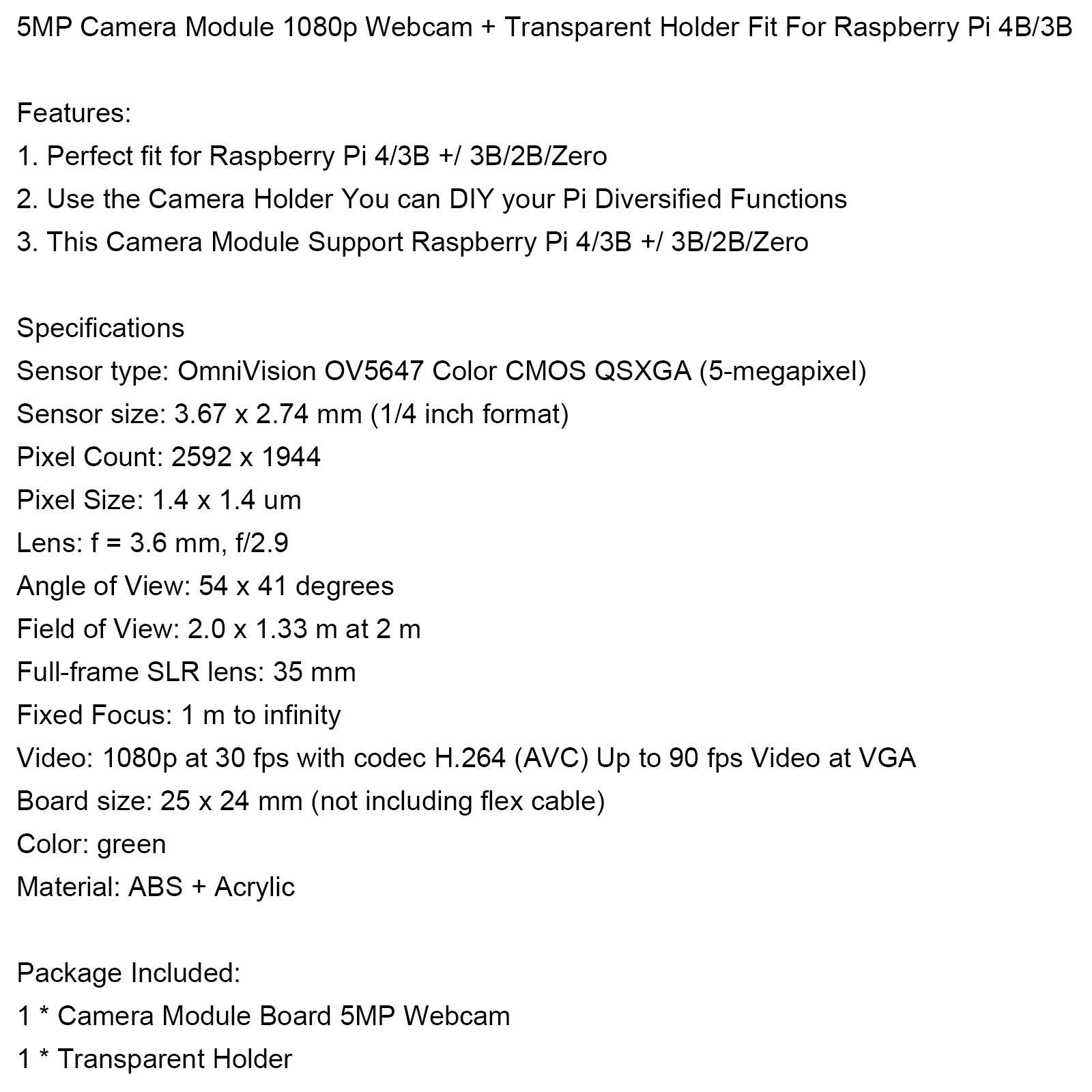 5Mp Camera Module Board 1080P Webcam Video For Raspberry Pi 4/3B +/ 3B/2B/Zero