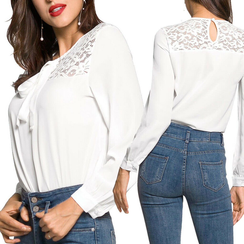 Fashion Women Ladies Loose Casual Chiffon Long Sleeve Shirt Tops Blouse S White