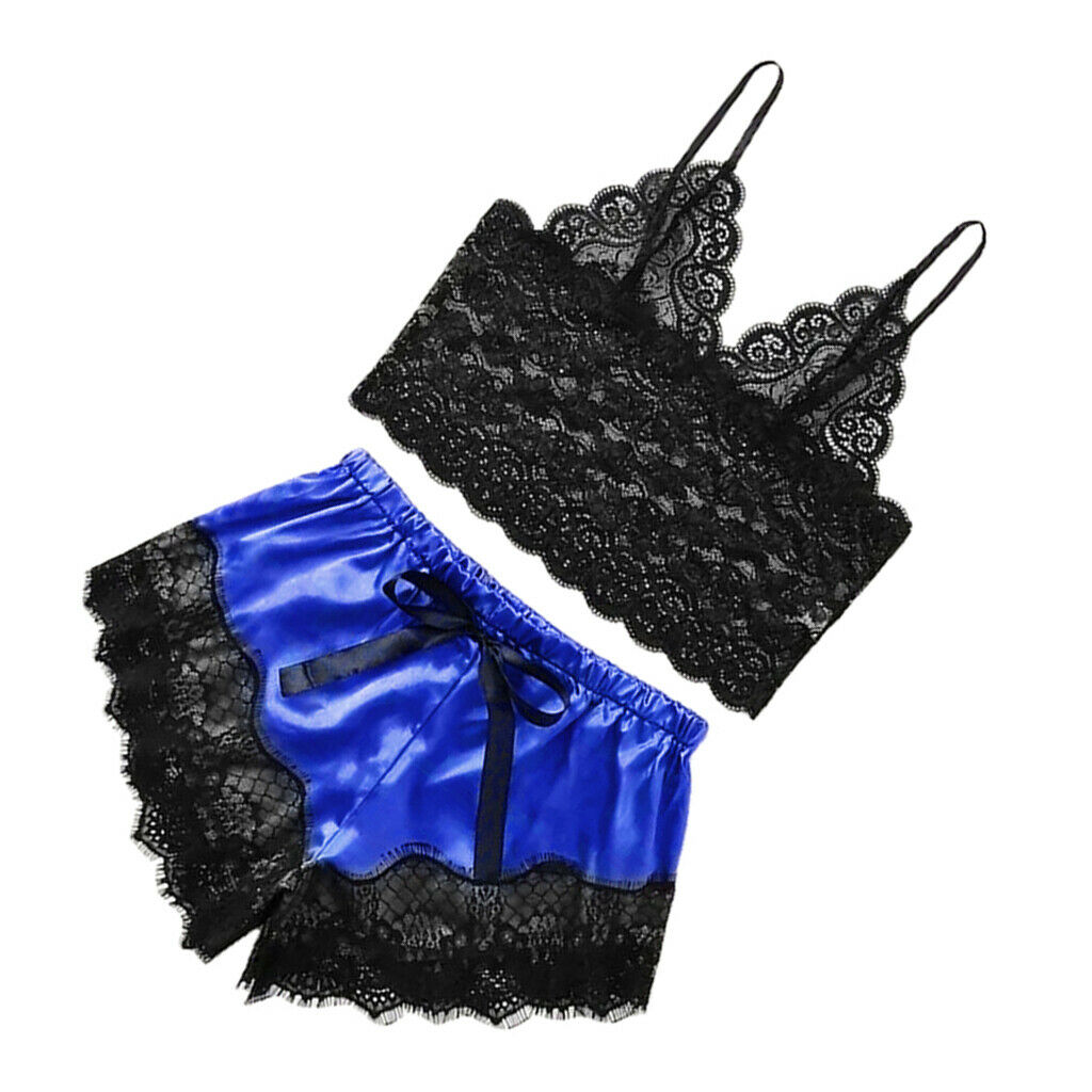 Women Pajama Nightwear Lace Trim Floral Bralette Top & Shorts Royal Blue XXL
