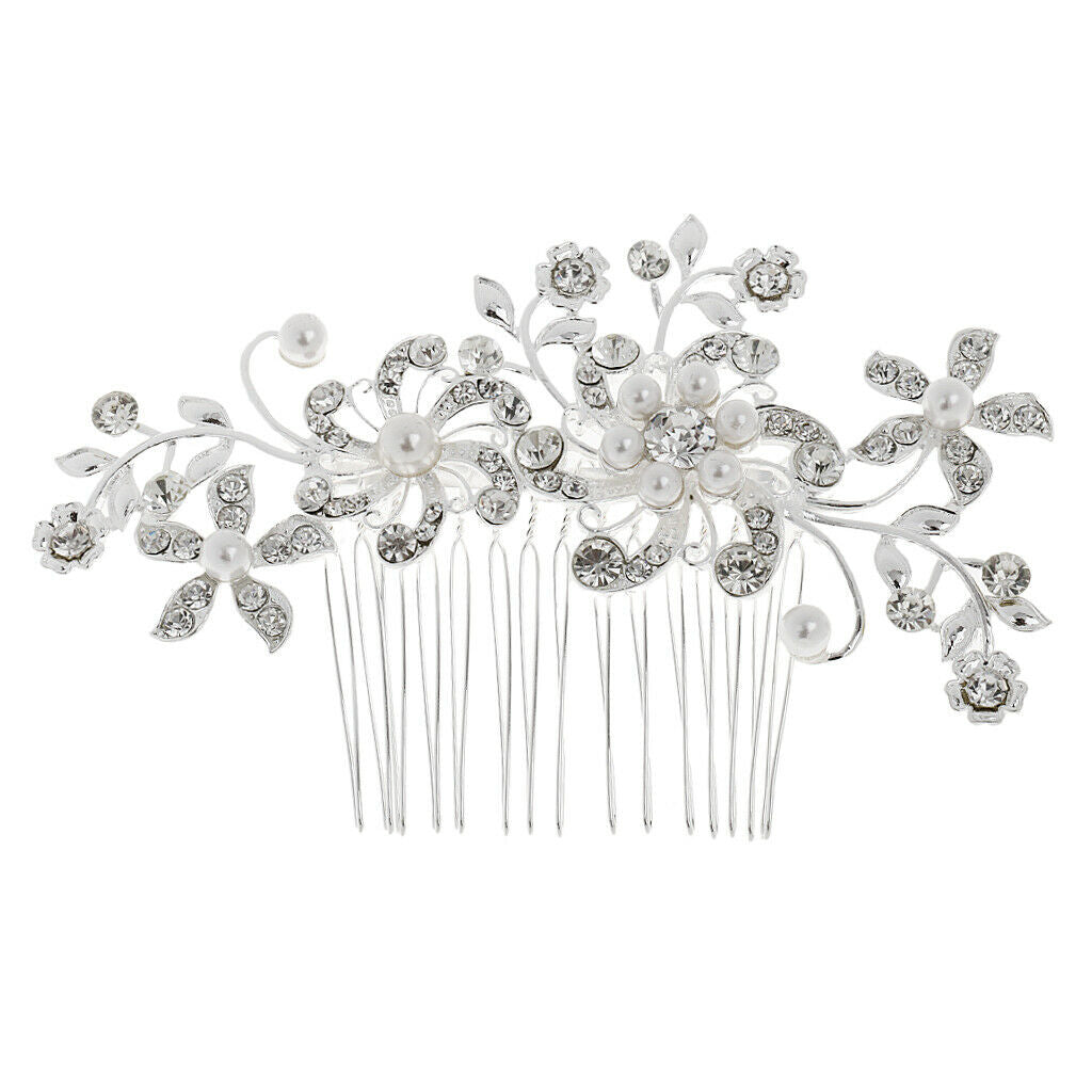 Women Bridal Wedding Flower Crystal Rhinestones Pearls Hair Clip Comb