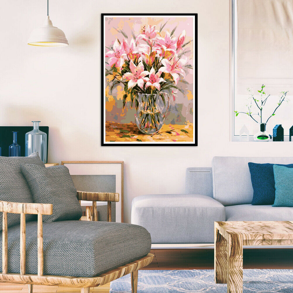 Painting By Numbers Kit DIY Lily Flower Hand Painted Canvas Oil Art Picture @
