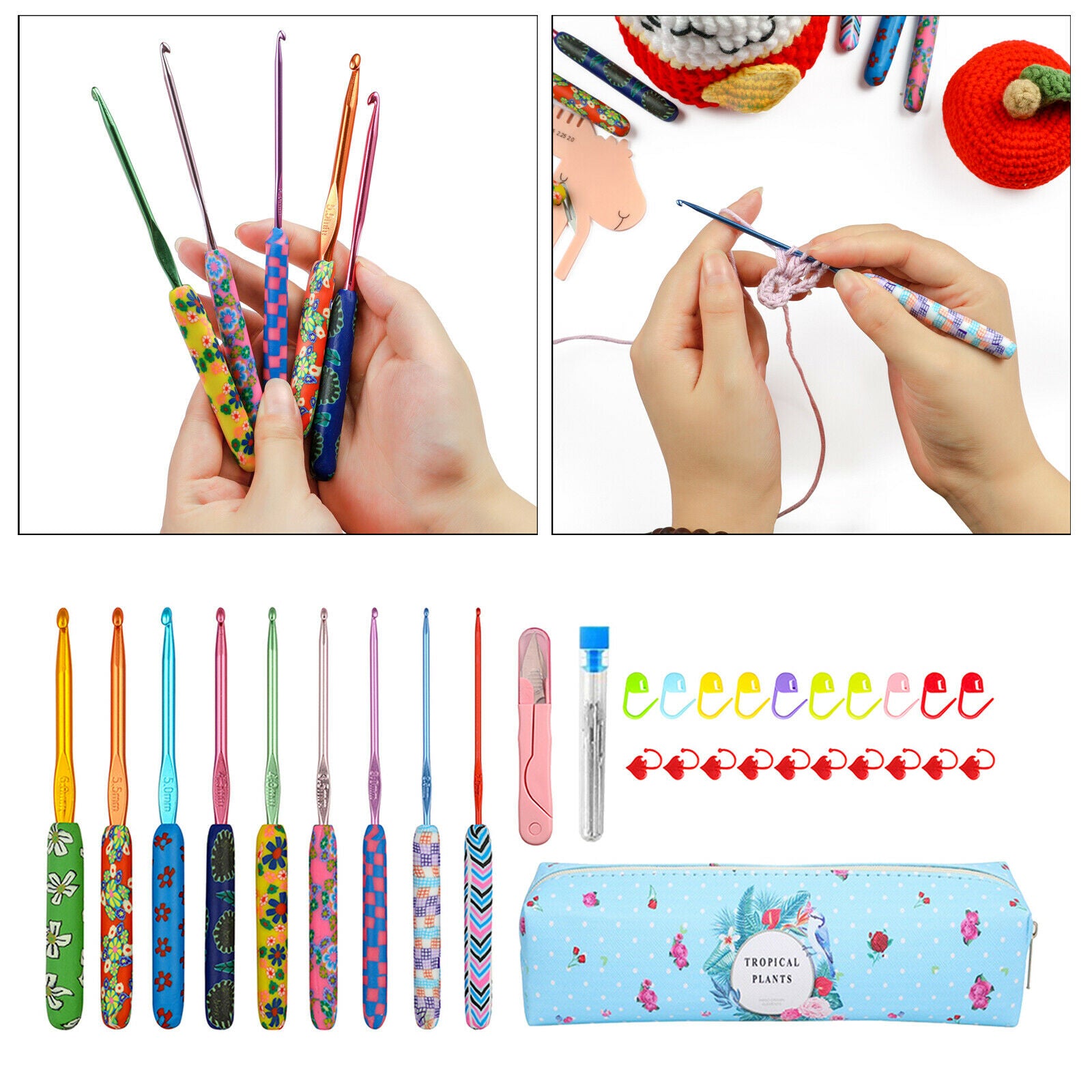 Crochet Hooks Set, 9 Pieces 2mm-6mm Soft Pottery Handles Yarn Knitting Needles
