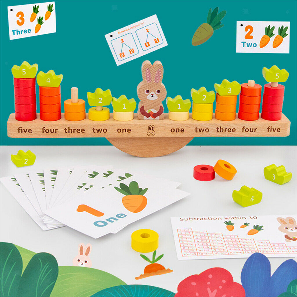 Wooden Pack of 54 Building Blocks Rabbit Balance Math Counting Learning
