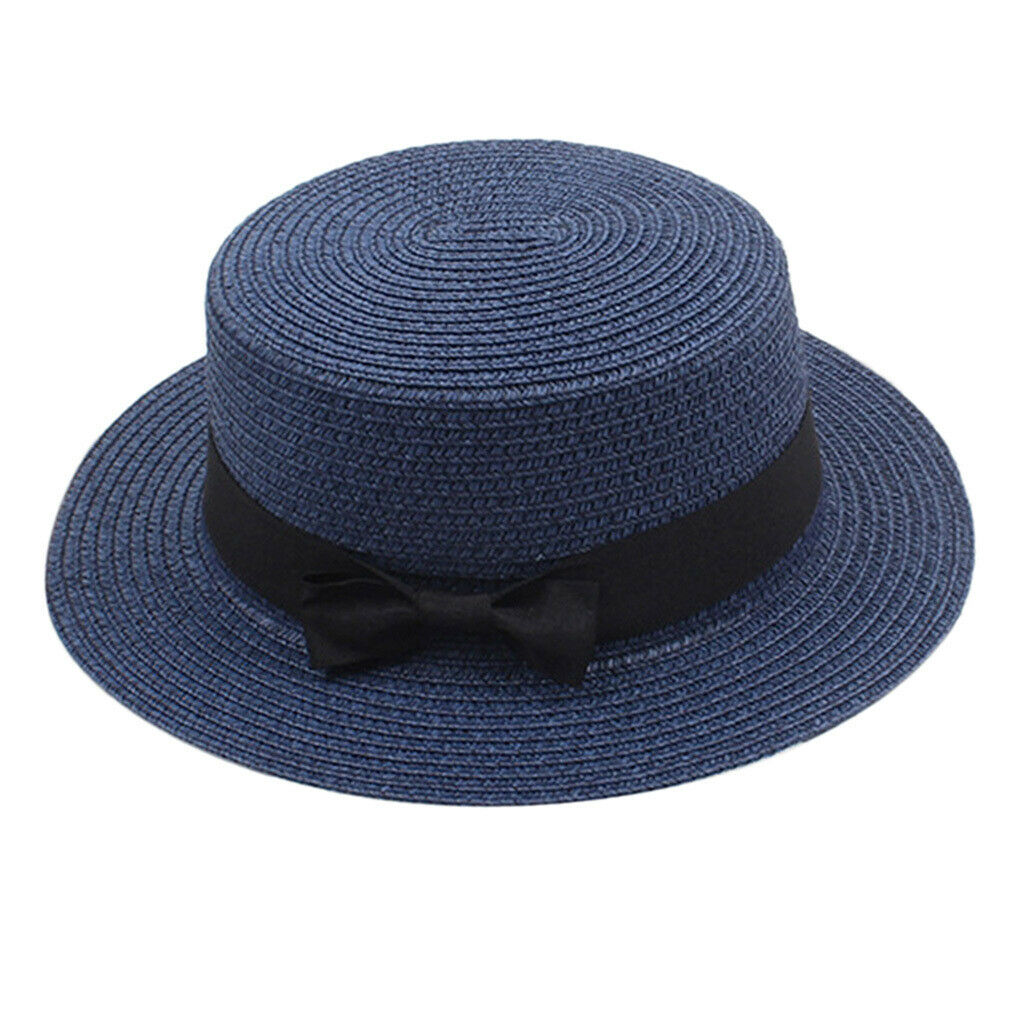 Church Bow Fedora Hat Breathable Wide Brim Sun Hat Summer Beach Navy