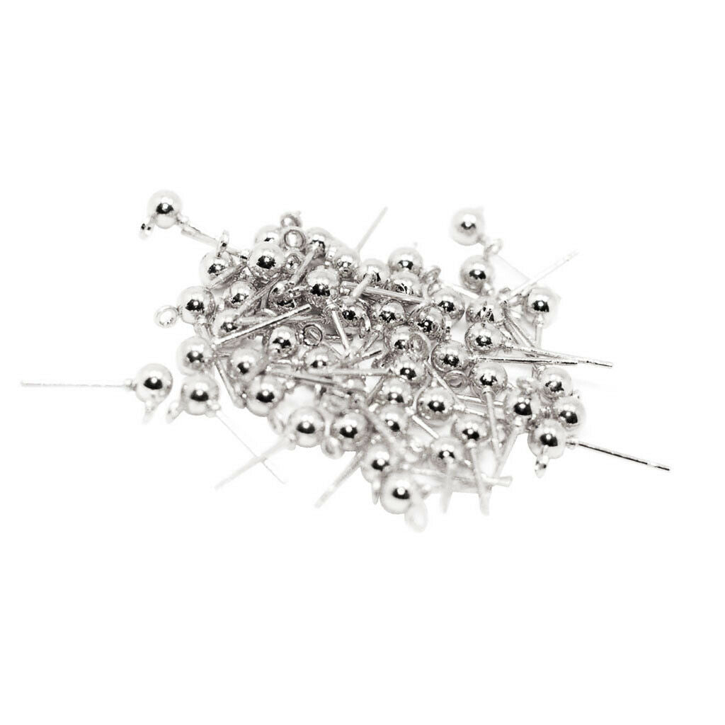 50x Ball Ear Pin Studs Earring Posts with Loop Jewelry Making Supply 15x6mm
