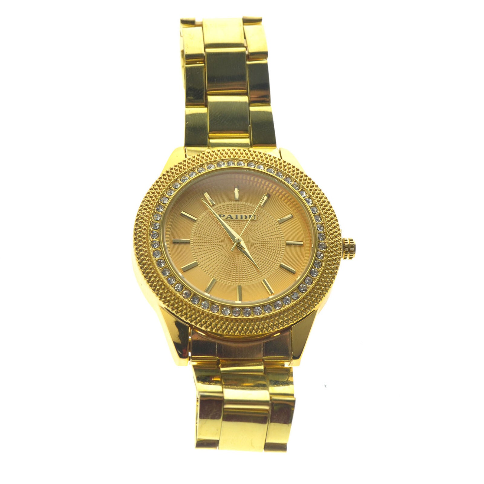Luxury Mens Stainless Steel DATE DAY Rhinestone Crystal Steel Quartz Wrist Watch