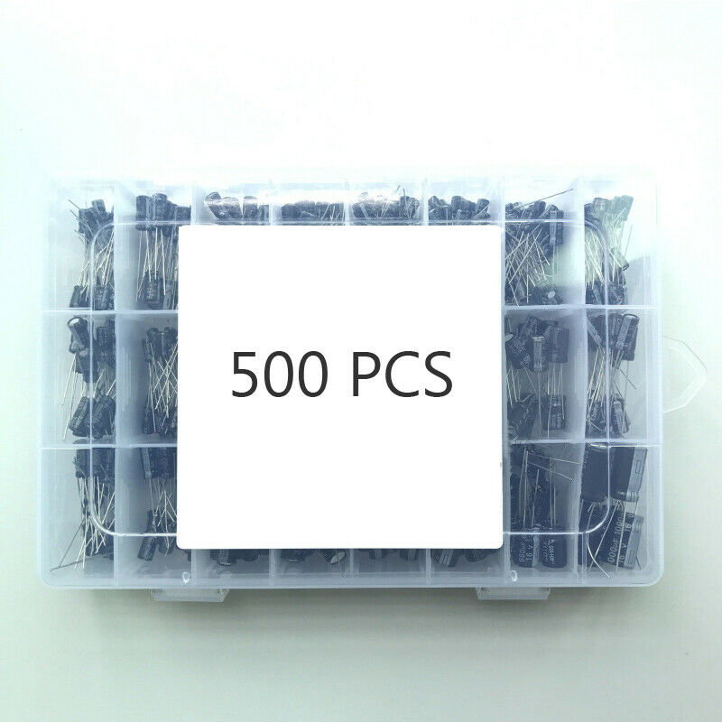 500x 0.1 to 1000uF 24Values Electrolytic Radial Capacitor 10~50V Element Box DIY