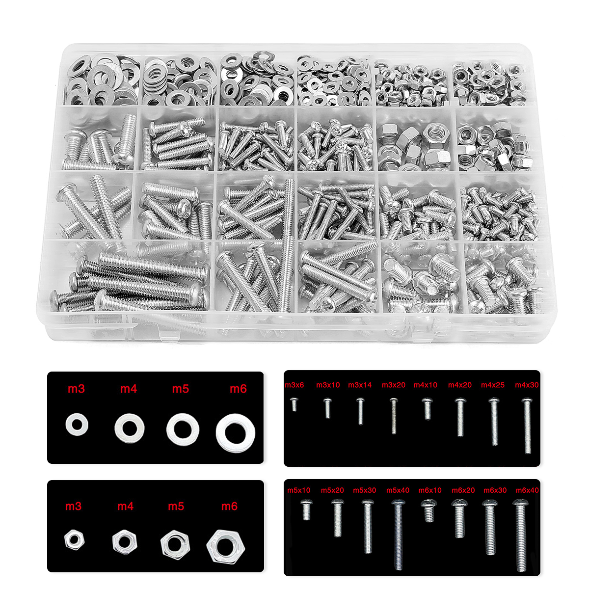 500Pcs M3/M4/M5/M6 Flat Screw Nut Set Galvanized Cross Head Bolt Nuts Washers