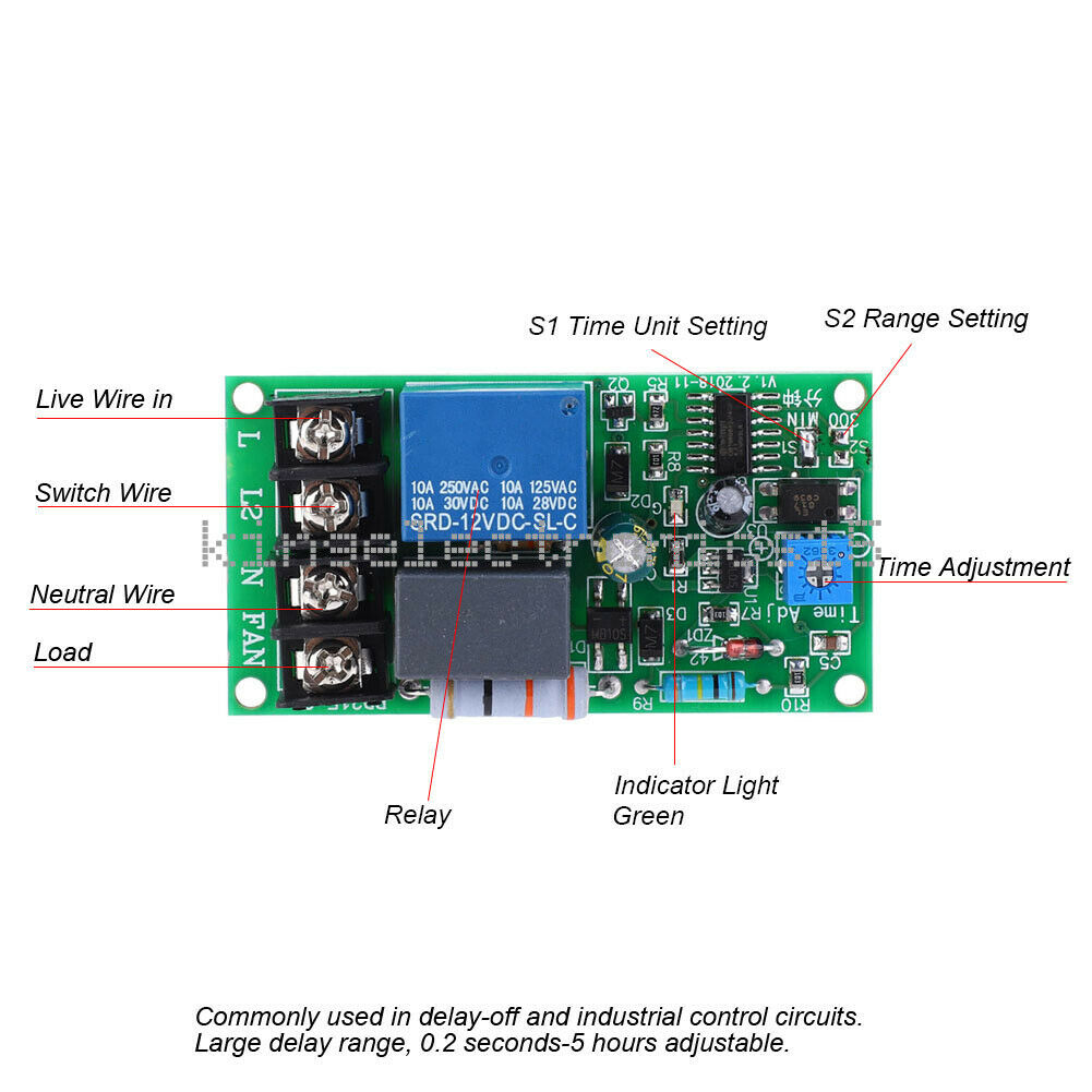 1PCS AC 100-250V Relay Module Adjustable Time Relay Switch for Fan delay off