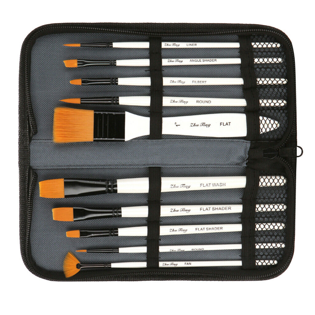 10Pack Mix Nylon Hair Art Artists Painting Brushes Set with Zipper Carry Case