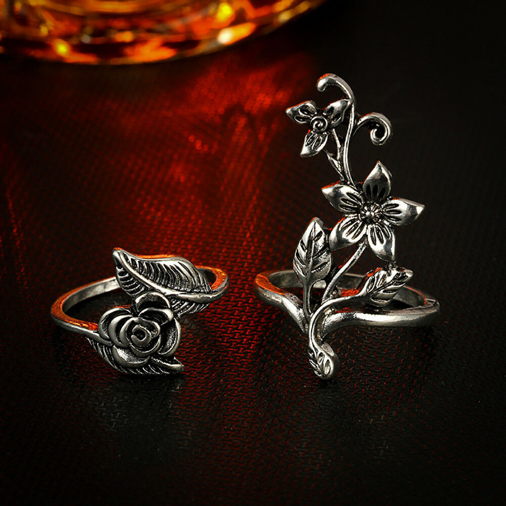 4Pcs/Set Retro Flower Leaves Midi Finger Knuckle Rings Kit Boho Fashion Jewelry