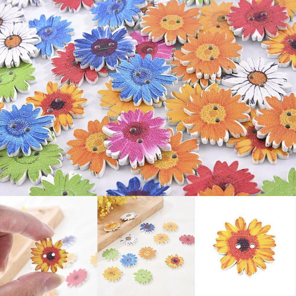 Lots 50Pcs Wooden Buttons Sewing 2-holes Scrapbooking Button Crafts Flower Shape