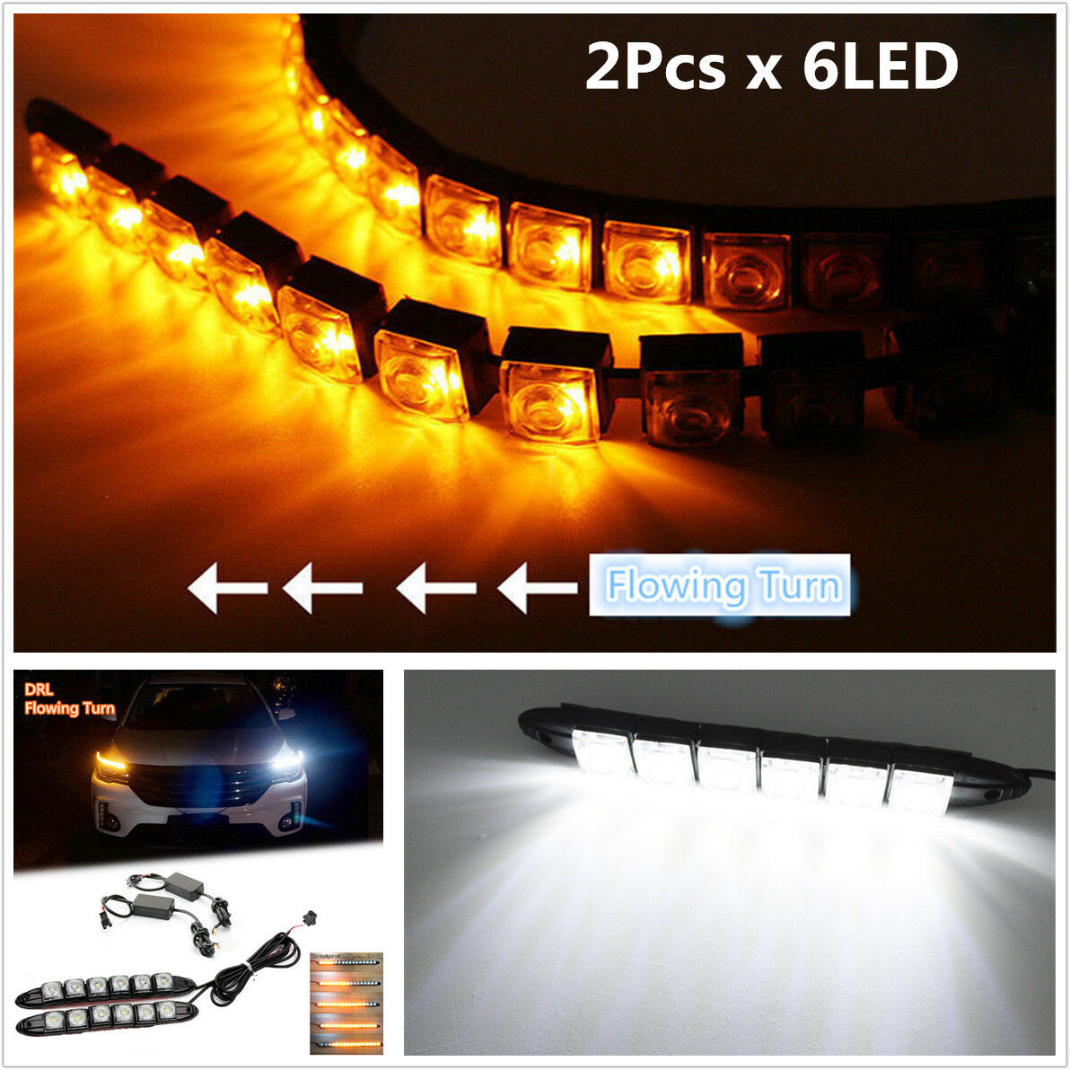 2x 6LED Car Flexible DRL Lamp w/ Switchback Sequential Flowing Turn Signal Light