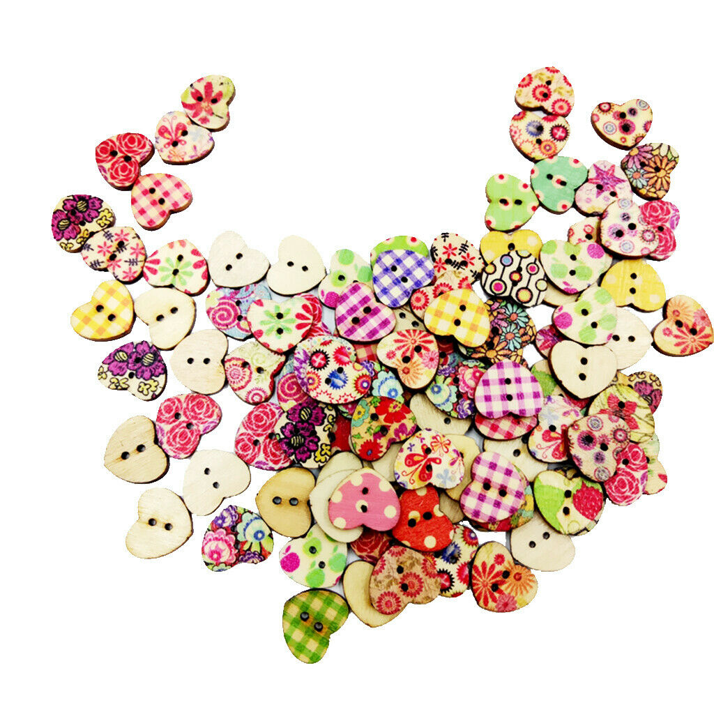 100 Mixed Wooden Heart Buttons For Sewing Crafting DIY Scrapbooking Flatback
