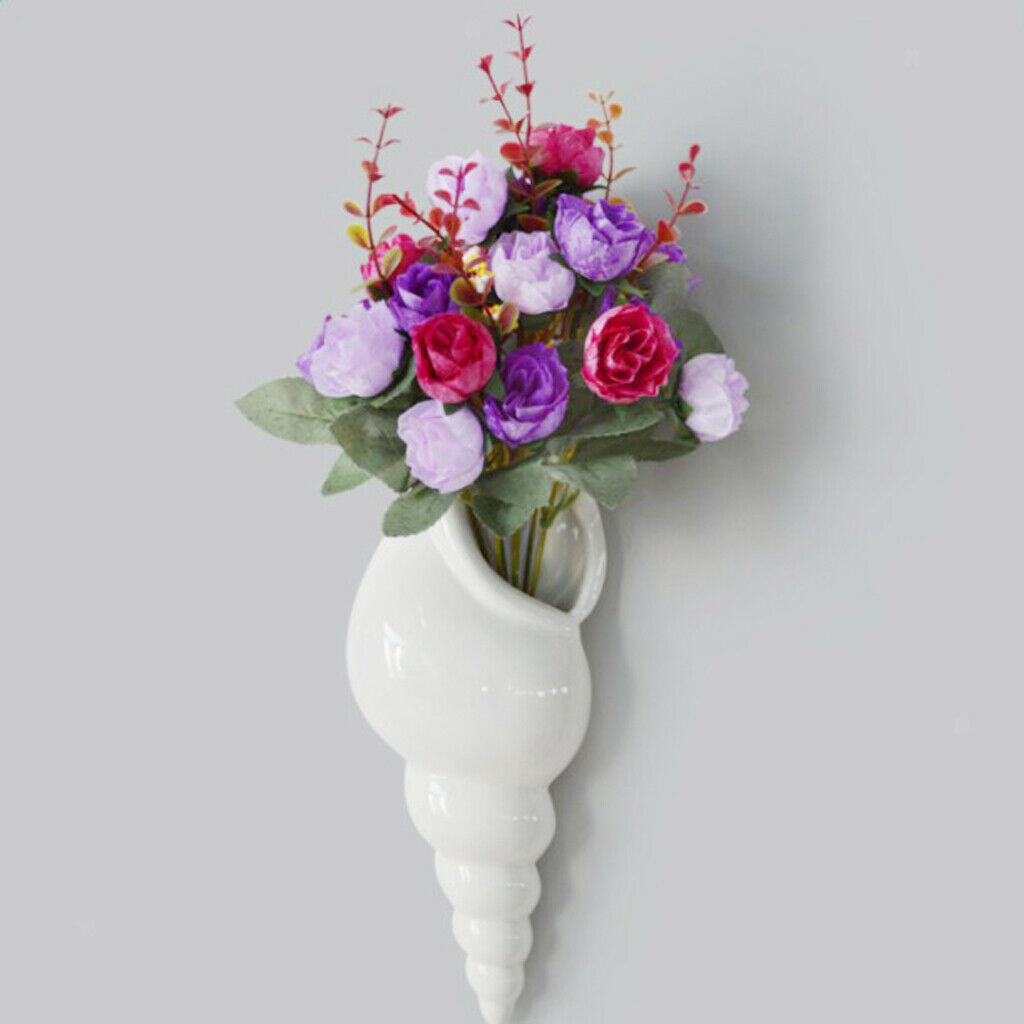 Set 2 Modern White Ceramic Sea Shell Conch Flower Vase Wall Hanging Decor
