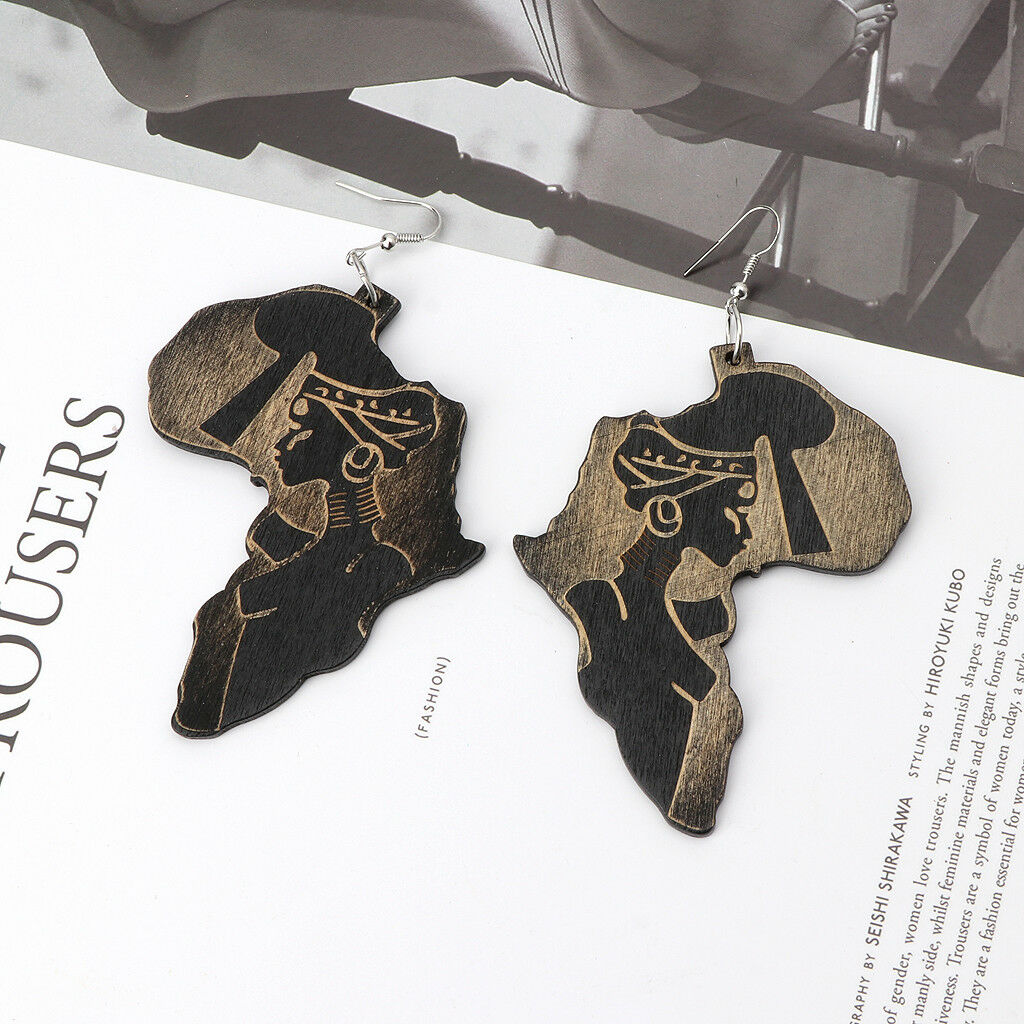Natural Wood Africa Maps Reggae Earrings Women Exaggerated Pendants Bib Jewelry