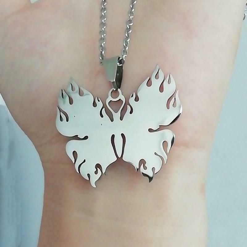 Flame Butterfly Pendant Necklace Hip-Hop Rock Stainless Steel Chain Jewelry Gift