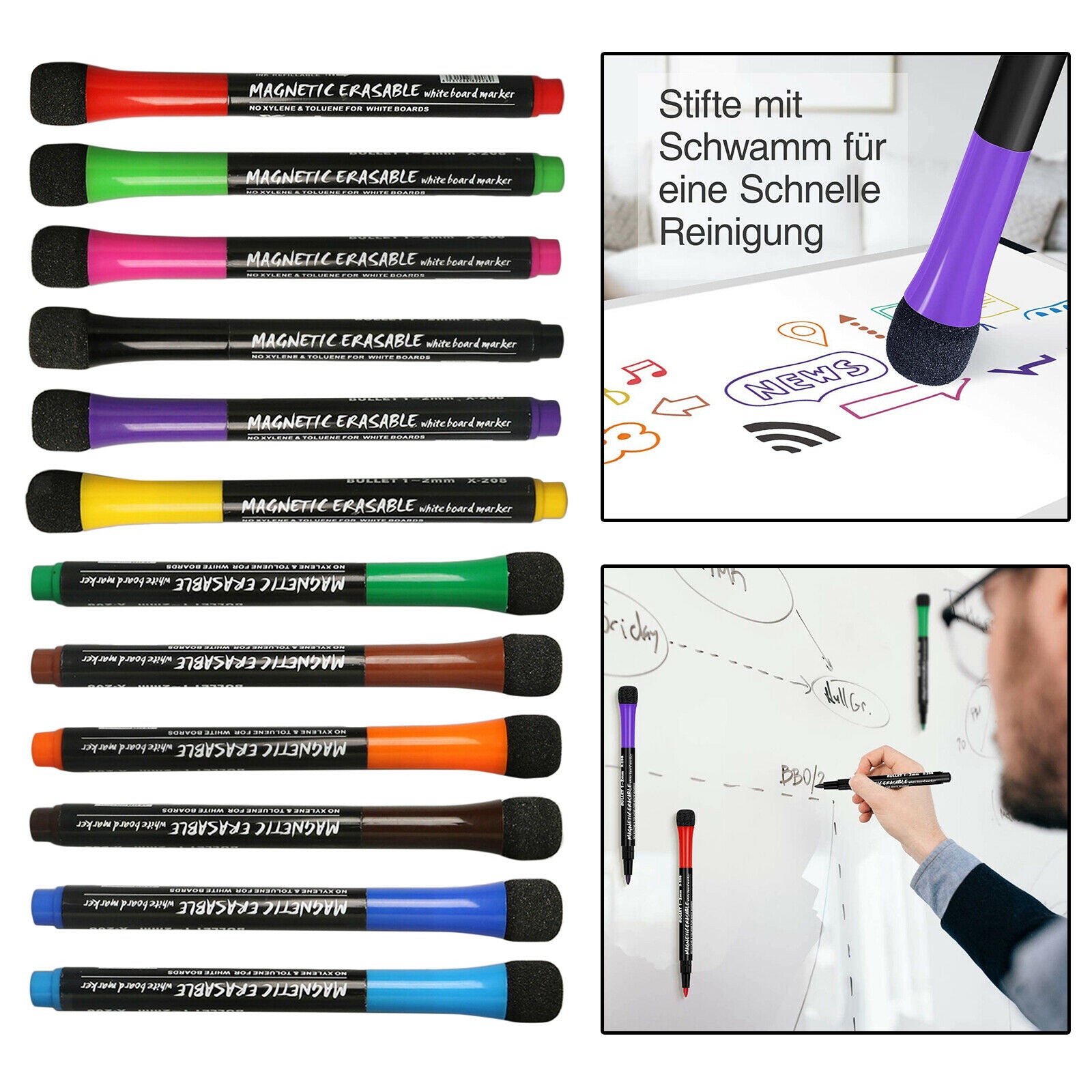 12 Colors 1.5mm Dry Erase Whiteboard Markers Erasable Low Odor Fine Tip