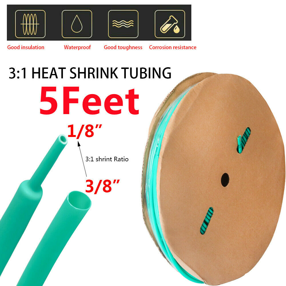 5Ft Marine Dual Wall Heat Shrink Tubing 3:1 Ratio Adhesive Glue Lined Green 3/8"