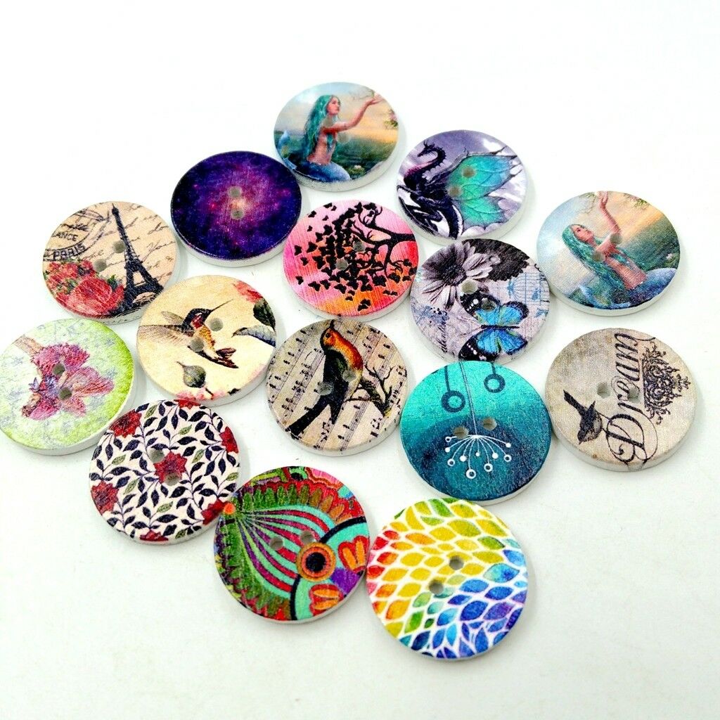 200pcs 2 Holes 20mm Mixed Wooden Buttons for Sewing Scrapbooking DIY 20mm