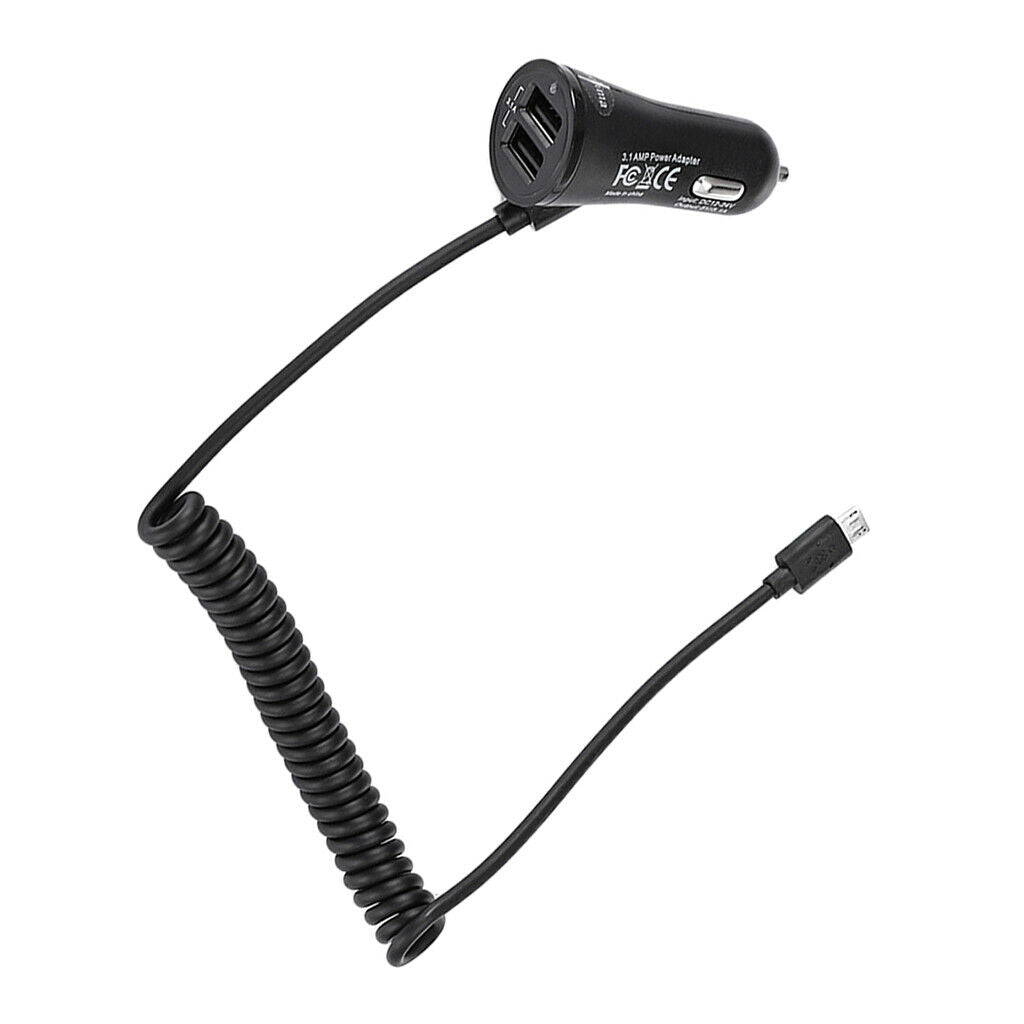 Micro USB Car Fast Charger Adapter with Coiled  Cable & Dual Ports