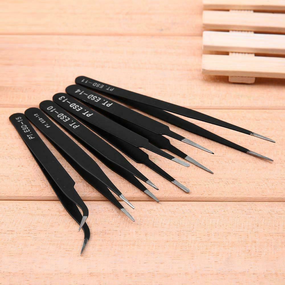 6pcs Stainless Steel Safe Anti-Static Tweezers Set Manicure Tool with Bag  @
