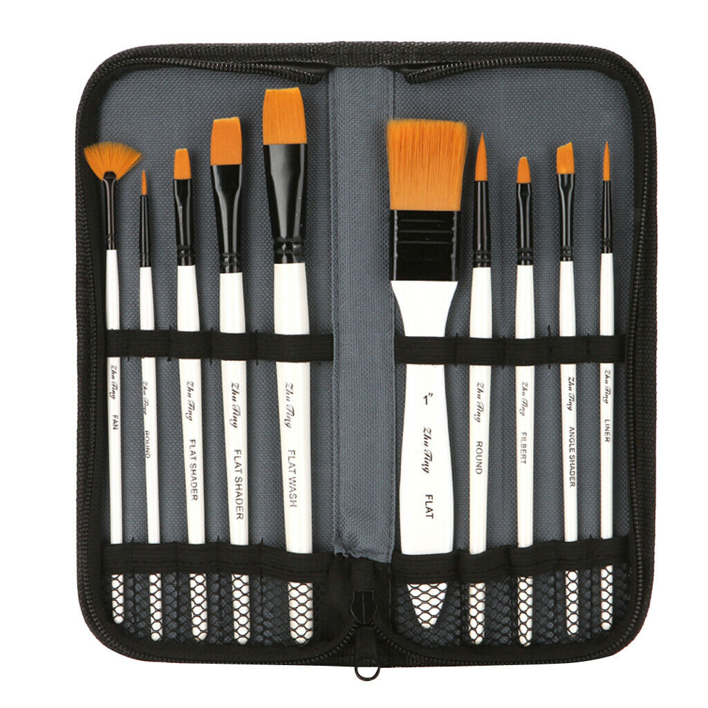 10 Pieces Mix Nylon Hair Art Artist Paint Brush Set With Zipper Carrying Bag