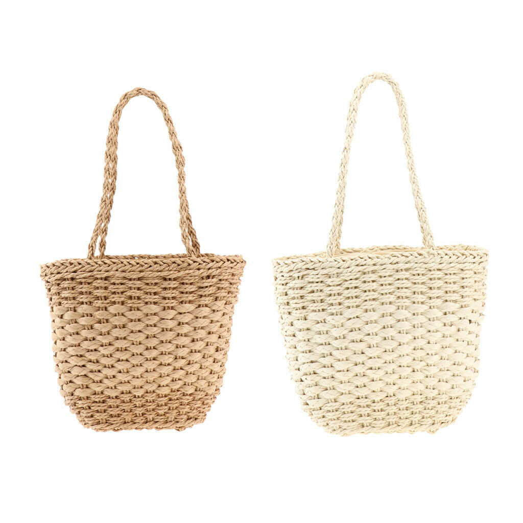 Lady Summer Straw Beach Bag Tote Shoulder Basket Shopping Handbag Bags Khaki
