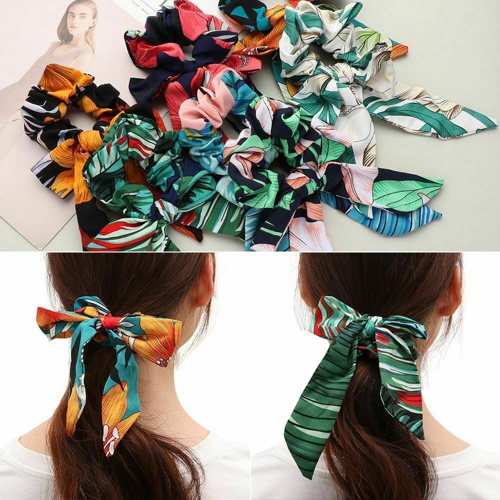 Flower Print Women Bow Scrunchies Hair Ribbon Hair Scarf Bowknot Hairbands