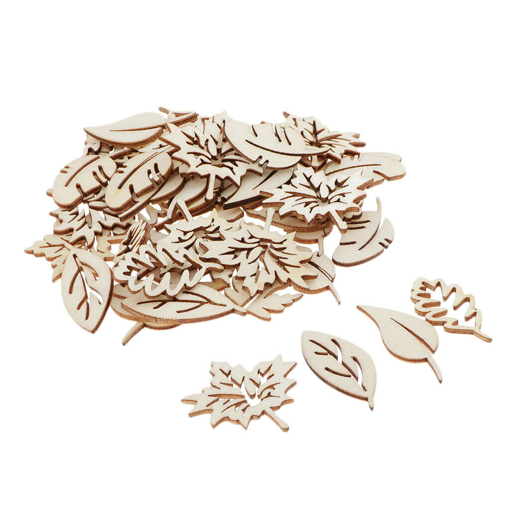 50Pack Hollow Leaves Wooden Pieces Scrapbooking Wood Chip DIY Art Hobbies