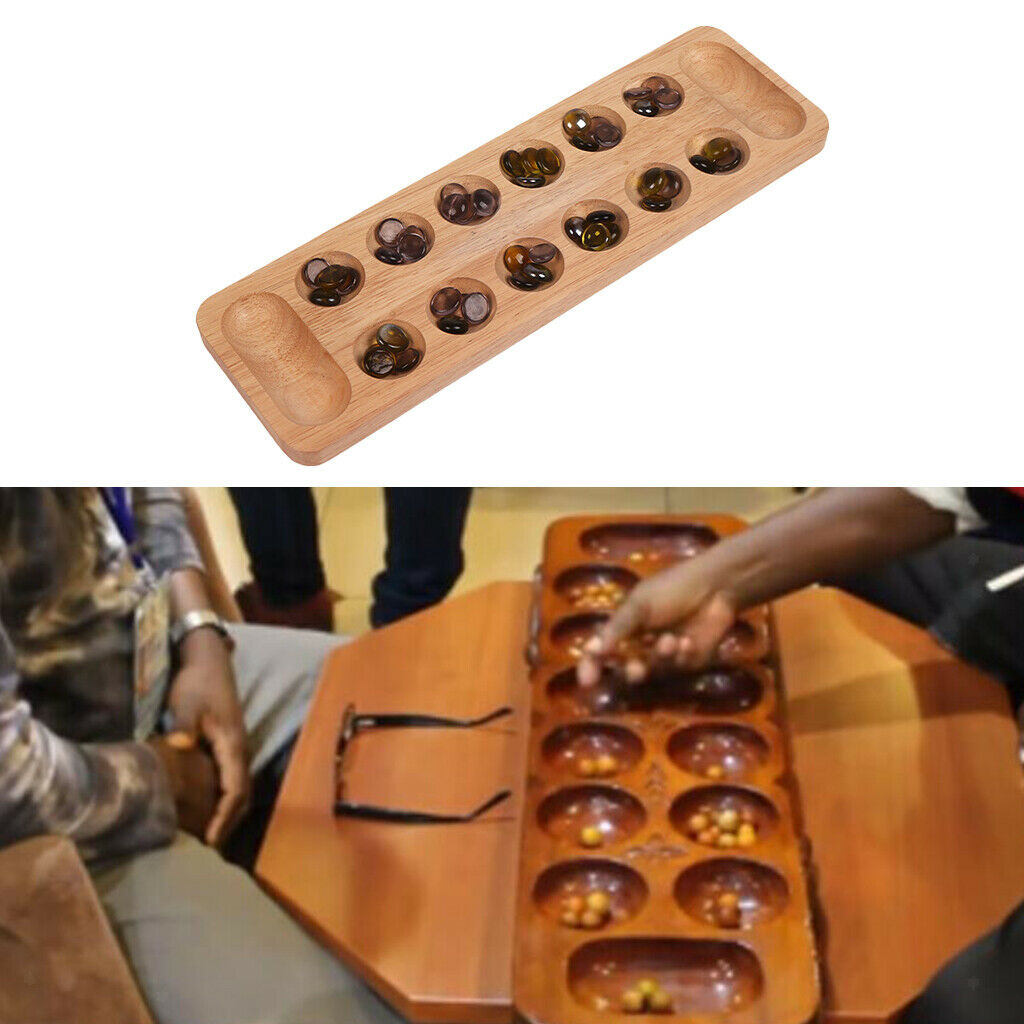 Portable African Wooden Mancala Board Game with 48 Stones Set Strategy Game