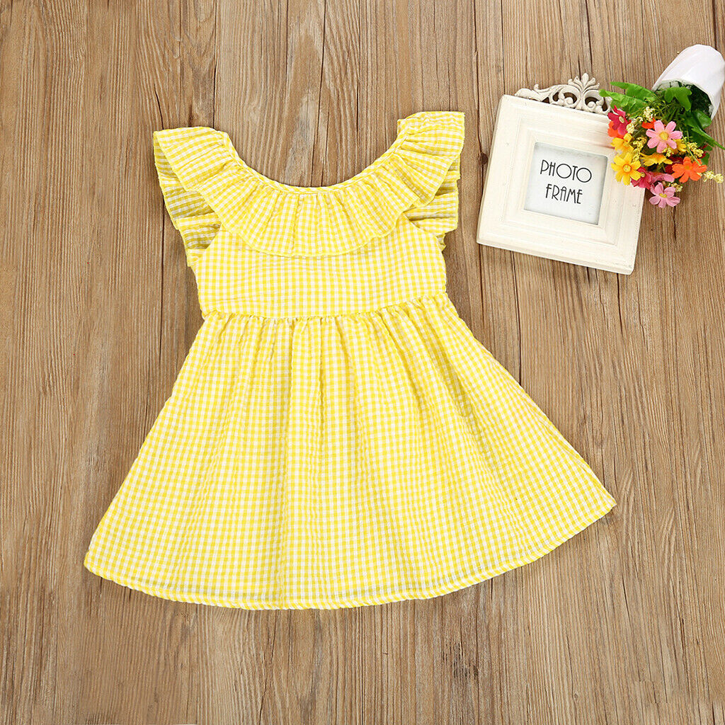 Little Baby Girl Plaid Ruffles Summer Dress Kids Girl Backless Dresses 2T Yellow