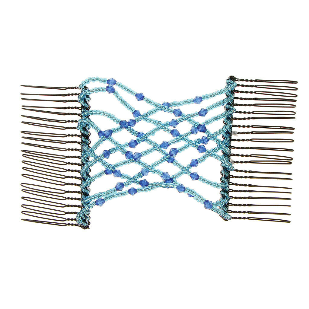 Women's Double Hair Comb Clips Magic Beads Stretchy Hair Styling Tools Blue
