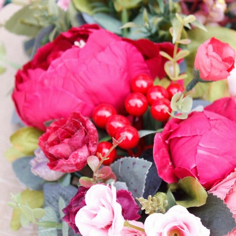 Decorative Door Wreath,Silk Flower Peony Head Flower Wreath 40cm Handmade GarlP3