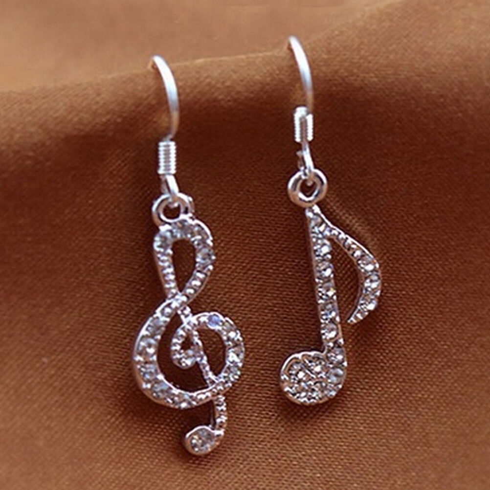 Personality Trendy Music Notes Clear Crystals Lady Dangles Party Earring H Qx