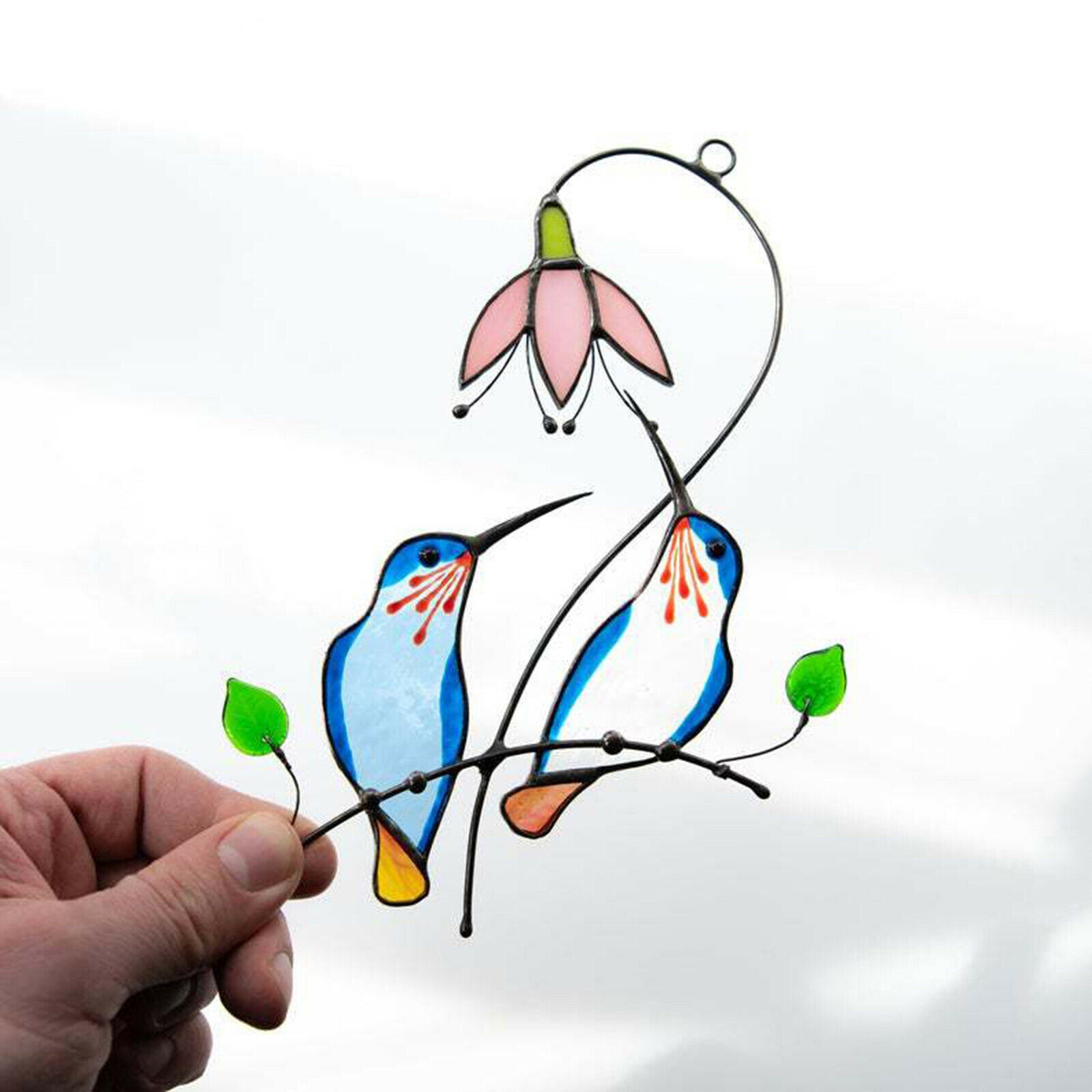 Blue Hummingbird Stained Glass Suncatcher Outdoor Garden Decor 7"x5.5"