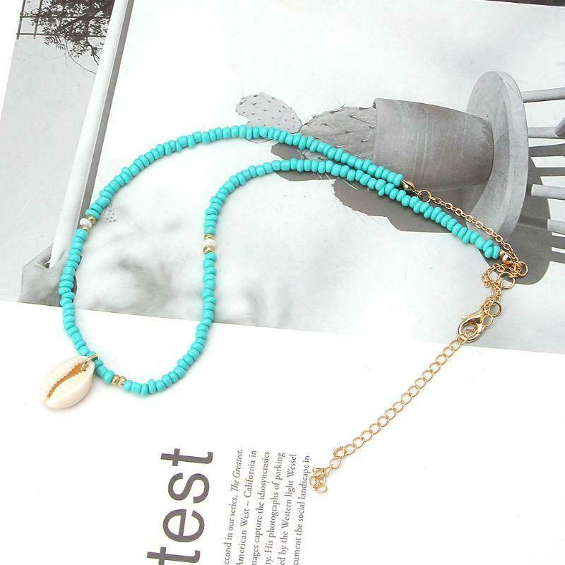 Bohemian Sea Necklace with Turquoise Beads and Shell Pendant Friendship Jewelry