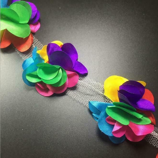 2 Yards Colorful Chiffon flowers Lace Trims Decoration Dress Applique Sewing