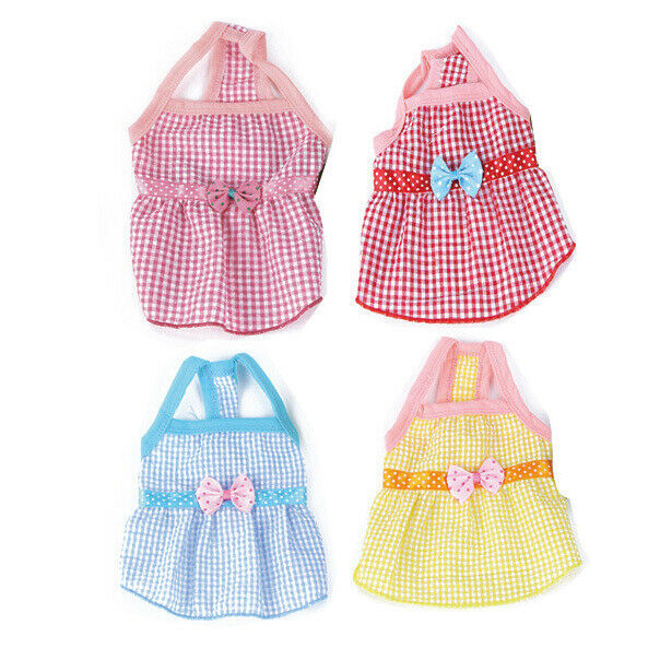Puppy Dress Pet Dog Vest T Shirt Plaid Summer Apparel Bowtie Costume Red-M